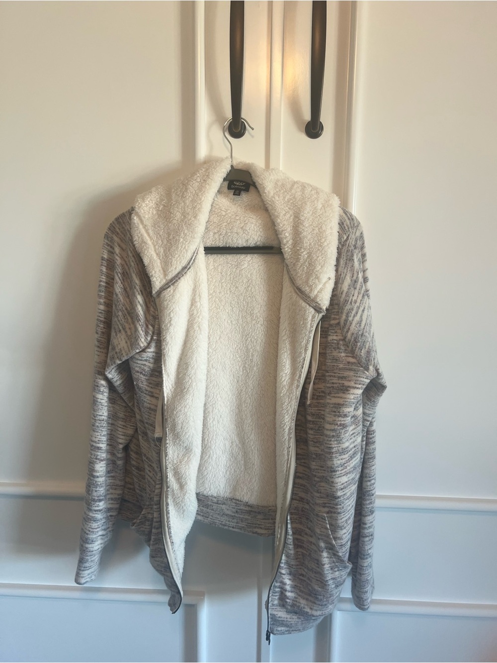 bobeau Sherpa-Lined Hooded Cardigan - Cream & Gray